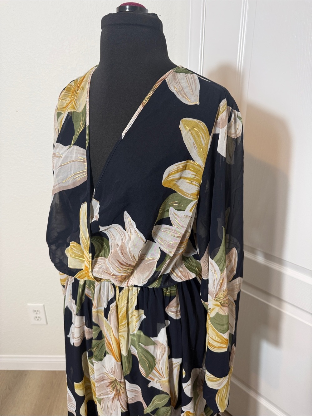 Black Floral Wrap Maxi Dress with Yellow Accents - Picture 2 of 7